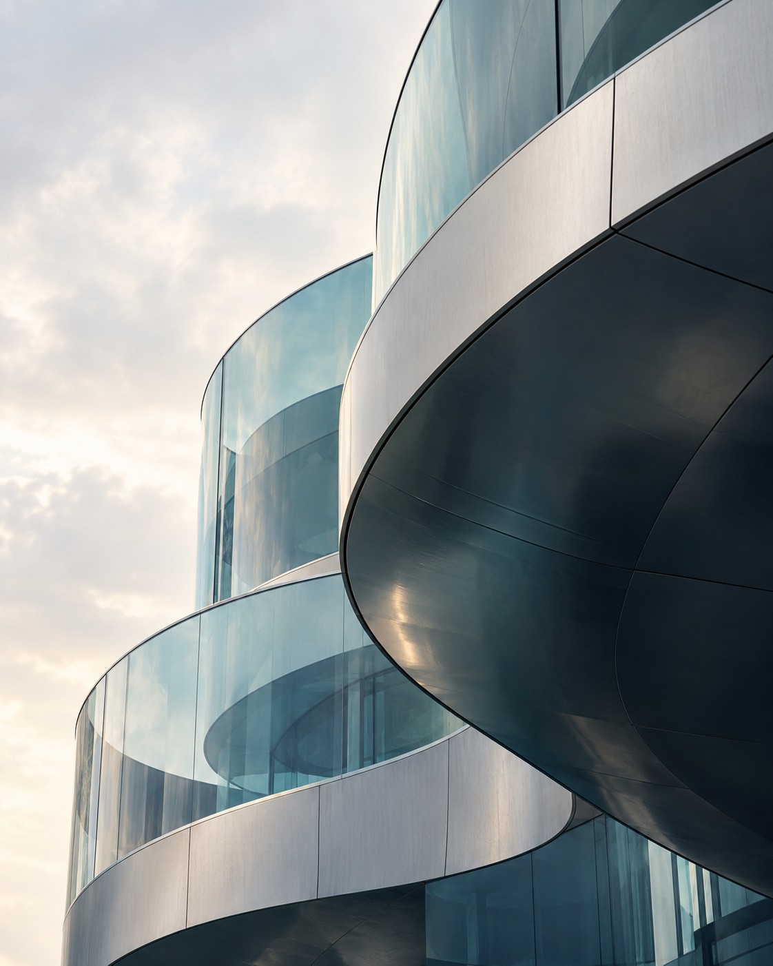Sculptural layers of glass and steel in soft daylight